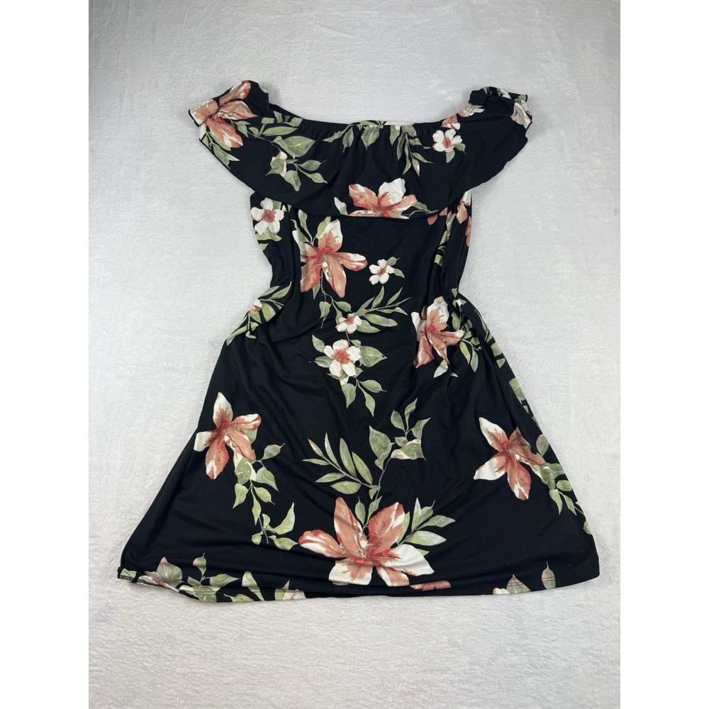 Black/Pink Floral‎ Off-Shoulder w Ruffle Short Flared Dress Sz XL Summer Beach